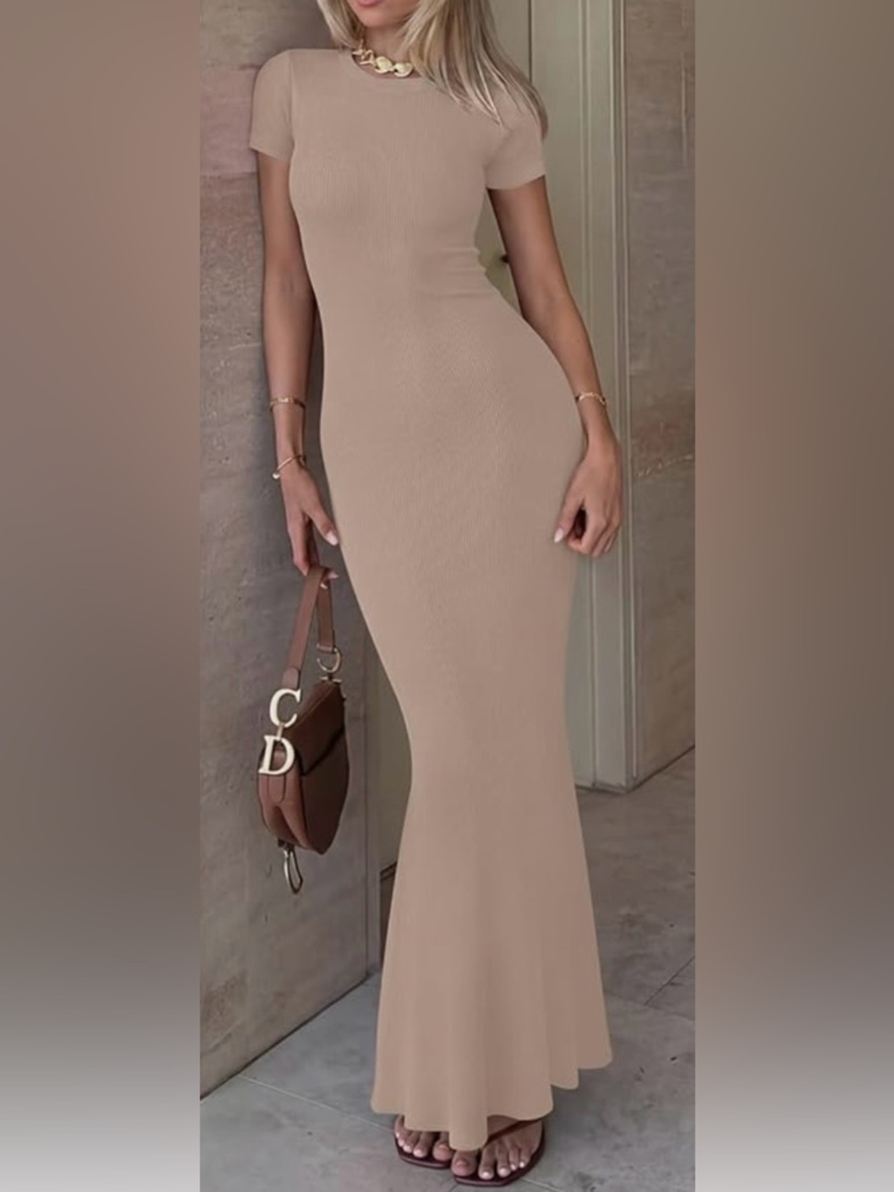 NWT Ribbed Bodycon Maxi Dress • XS • Neutral Taupe